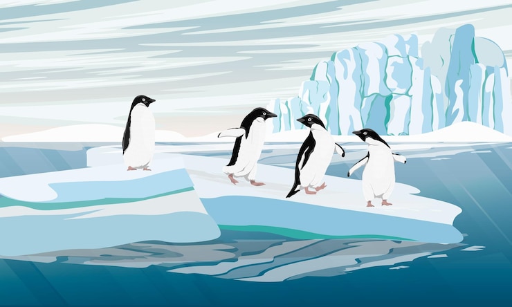 Vettore uno stormo di adelie penguin sta su un grande lastrone di ghiaccio i pinguini saltano nell'oceano