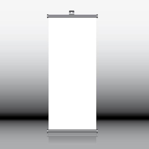 Uno striscione bianco si trova su una superficie nera con un mockup di sfondo bianco