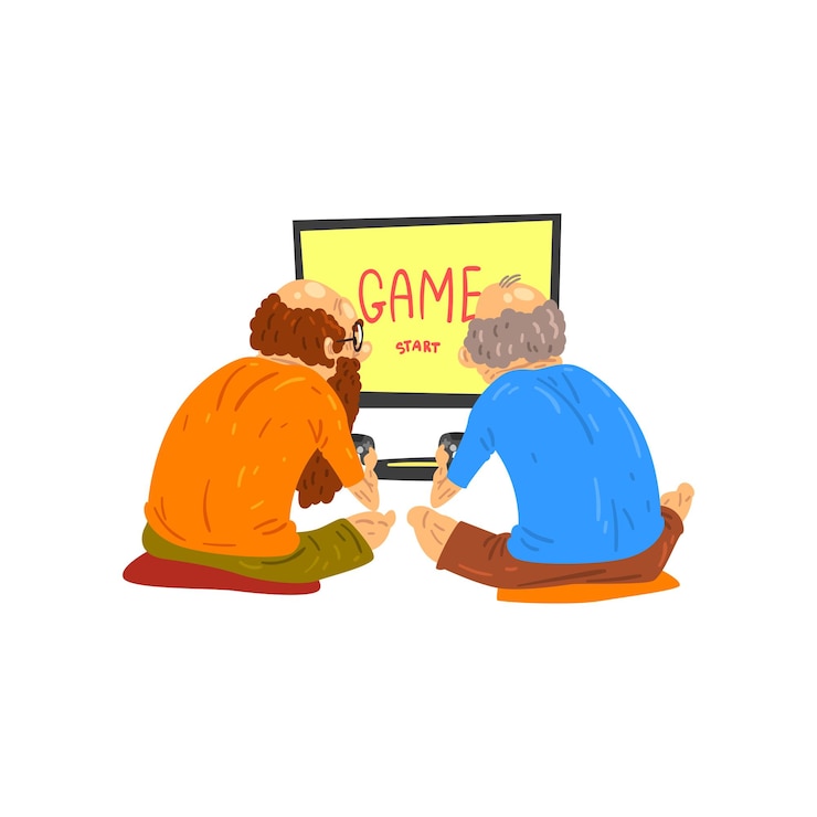 Vettore uomini anziani che giocano ai videogiochi, anziani che conducono un vettore di concetto sociale di stile di vita attivo