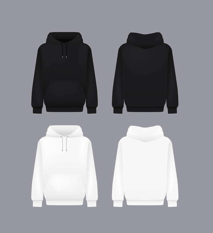 Vettore uomini con cappuccio bianco e nero modello di maglione realistico con cappuccino a maniche lunghe modello di abbigliamento