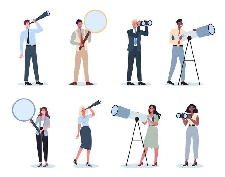 Vettore uomini d'affari in abiti da ufficio formali in possesso di un cannocchiale, telescopio, lente d'ingrandimento. uomo e donna alla ricerca di nuove prospettive e opportunità. concetto di leadership. illustrazione vettoriale