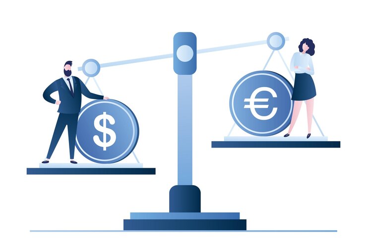 Vettore uomini d'affari in piedi su scale con moneta da un dollaro e concetto di mercato azionario moneta in euro