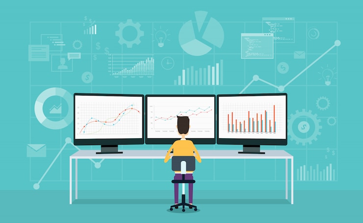 Vettore uomini d'affari sul monitor rapporto grafico e analisi del business