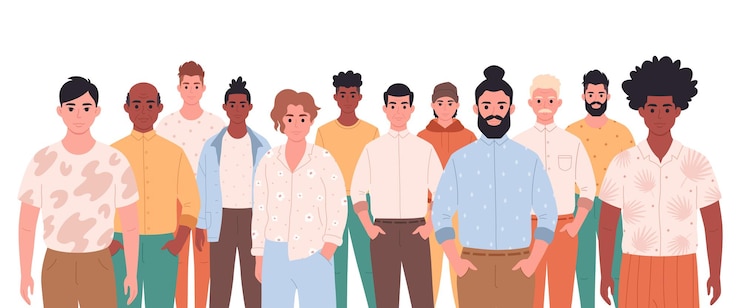 Vettore uomini di diverse età, razze, aspetto. società multiculturale. diversità sociale
