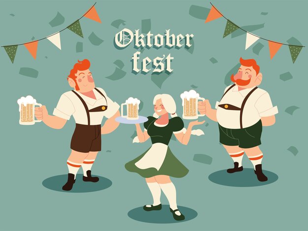 Uomini e donne dell'Oktoberfest con la birra tradizionale del panno e l'illustrazione del pennant della bandiera, il tema del festival e della celebrazione della Germania