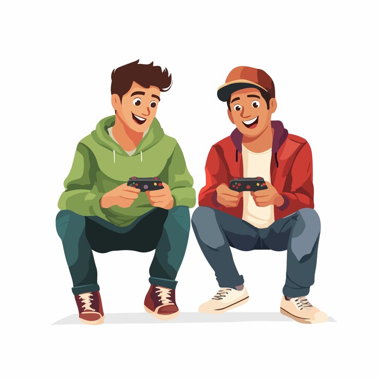Vettore uomini millenari che giocano a videogiochi sullo smartphone in scena