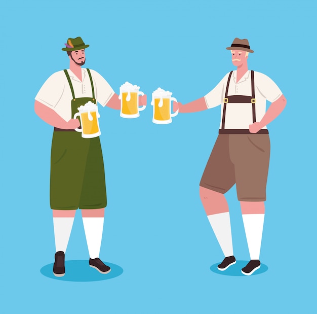 Uomini tedeschi in vestito nazionale con barattoli di birra per la progettazione dell'illustrazione di vettore di celebrazione del festival più oktoberfest