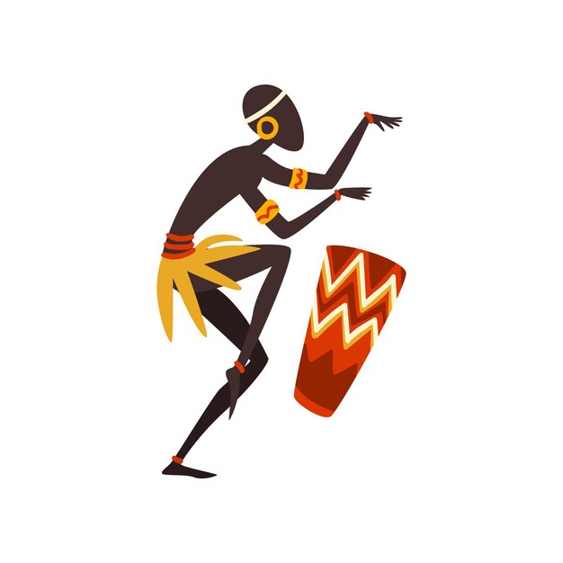 Uomo africano che balla e suona il tamburo Ballerino aborigeno in abbigliamento etnico brillante e ornato Illustrazione vettoriale su sfondo bianco