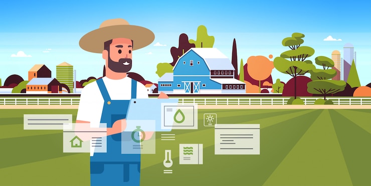 Vettore uomo agricoltore con condizione di monitoraggio tablet controllo organizzazione di prodotti agricoli di raccolta intelligente concetto agricolo paesaggio agricolo paesaggio