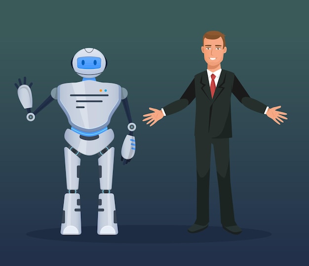 Uomo alla conferenza di presentazione del robot elettronico meccanico robot umanoide