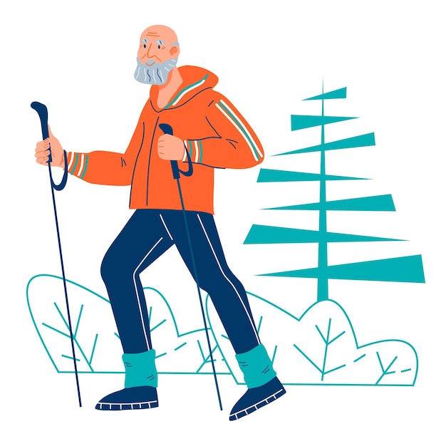 Uomo anziano alla camminata nordica che si allena all'aperto piatto cartone animato illustrazione vettoriale isolato