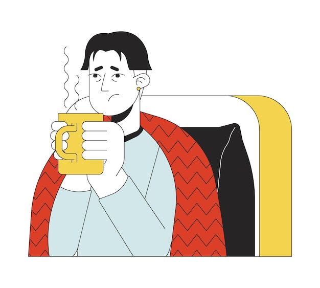 Uomo asiatico esausto con una bevanda calda in mano 2D personaggio di cartone animato lineare maschio coreano che beve liquido caldo vettore di linea isolato persona di sfondo bianco rilievo di influenza colore punto piatto illustrazione