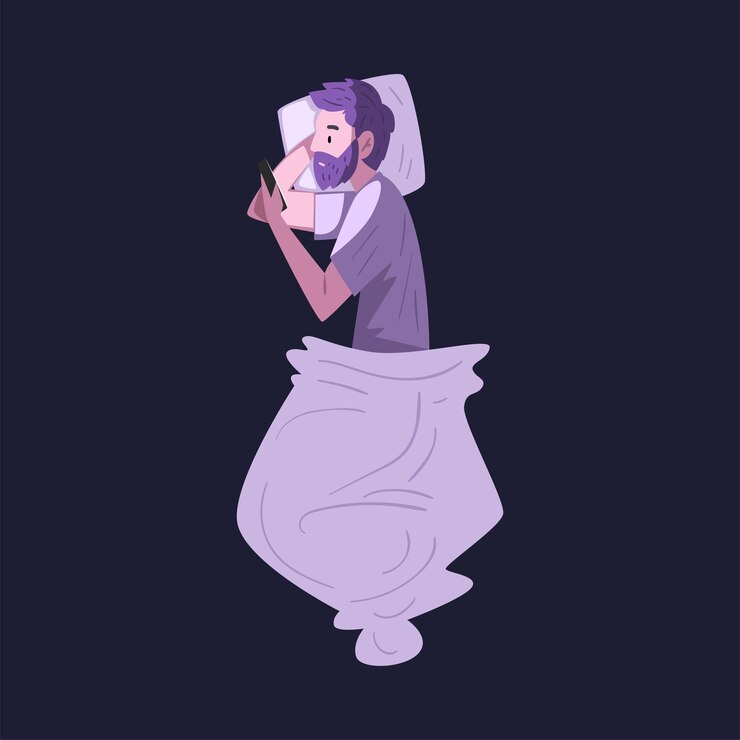 Vettore uomo barbuto sdraiato a letto con lo smartphone di notte uomo che gioca a videogiochi online o chatta sui social network vista dall'alto illustrazione vettoriale