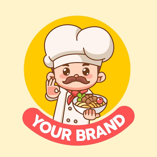 Uomo carino chef cuoco chibi kawaii personaggio mascotte design ristorante caffetteria logo contorno stile
