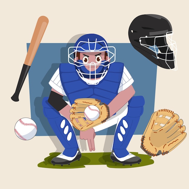 Uomo catcher baseball atleta simpatico personaggio 2d pronto per l'animazione completo di attrezzatura sportiva