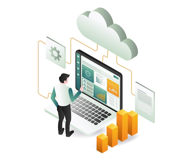 Uomo che analizza i dati del server cloud del computer