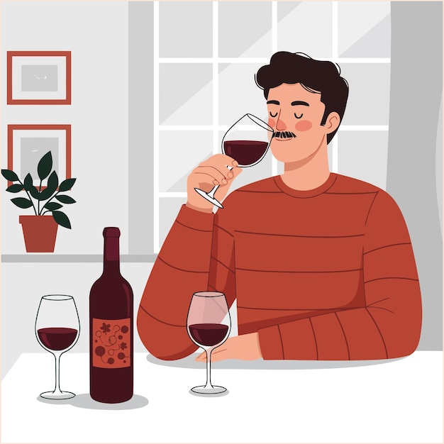 Uomo che beve un bicchiere di vino rosso in casa con una bottiglia e una pianta
