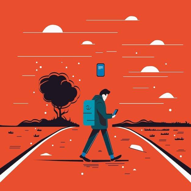 Uomo che cammina e tiene il cellulare. Persona che utilizza internet su smartphone in movimento. Il tizio tiene il telefono