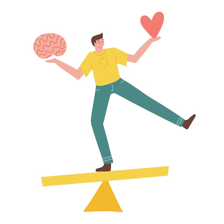Vettore uomo che confronta il pensiero logico e l'intuizione su scale personaggio maschile guardando cervello vs cuore su vedere