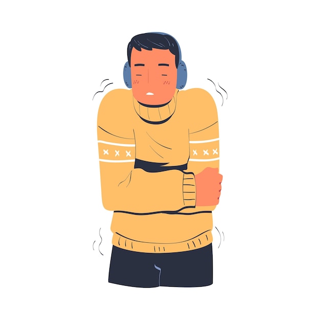 Uomo che congela e trema indossando un maglione a maglia e copriorecchie Uomo che cerca di scaldarsi durante l'inverno o l'autunno