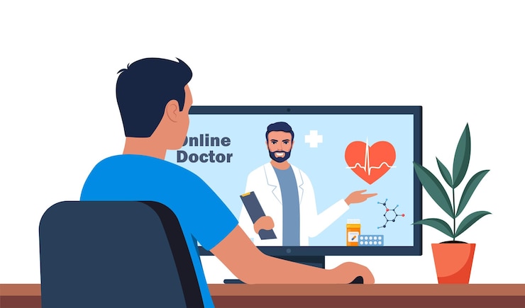 Vettore uomo che consulta un medico online utilizzando la telemedicina del suo computer e il concetto di medico online