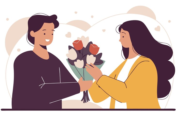 Vettore uomo che dà un bouquet di bellissimi fiori a una giovane signora relazione romantica