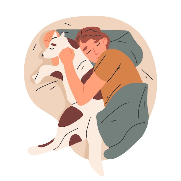 Uomo che dorme con il suo cane Uomo che dormisce a letto con il suo animale domestico che si riposa e la scena prima di andare a letto illustrazione vettoriale piatta Guido che dorme a letto