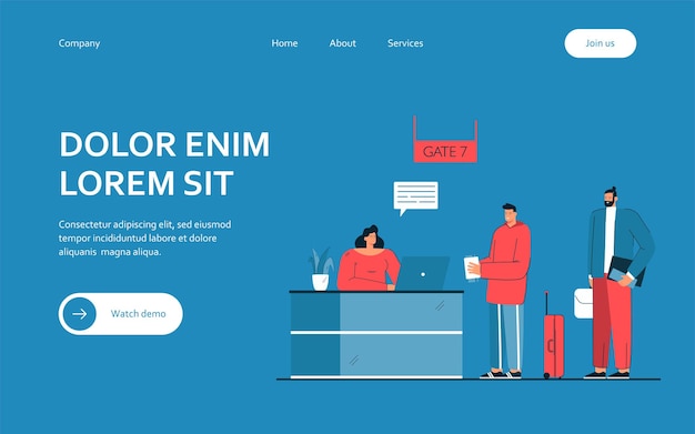 Uomo che effettua il check-in per l'illustrazione vettoriale del volo. Persone in piedi al banco di registrazione del cancello in aeroporto