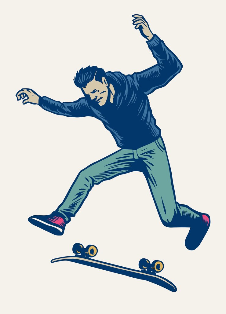 Vettore uomo che fa il trucco dello skateboard disegnato in stile di disegno a mano vintage