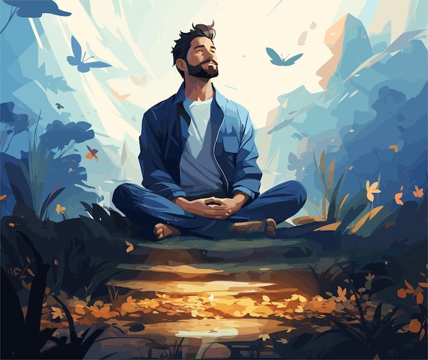 Uomo che fa meditazione nell'illustrazione vettoriale della natura piatta