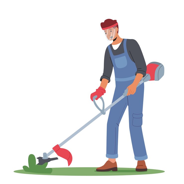 Vettore uomo che falcia il prato in giardino o parco cittadino pubblico, giardiniere, giardiniere o personaggio lavoratore, usa il tagliaerba per l'abbellimento