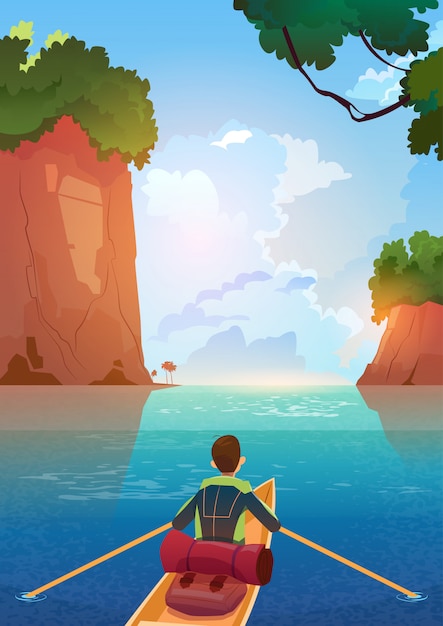 Uomo che galleggia in barca nel concetto di vacanza di avventura di estate del lago delle montagne