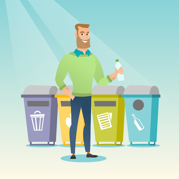 Uomo che getta via la bottiglia di plastica.