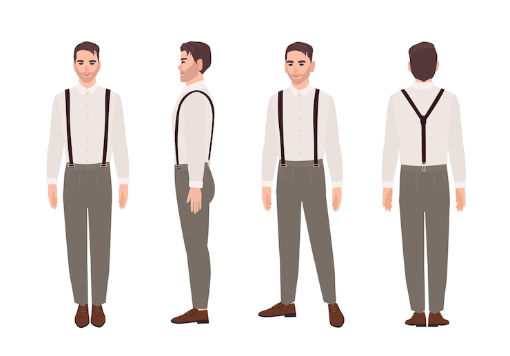Vettore uomo che indossa pantaloni con bretelle e camicia. abito elegante. personaggio dei cartoni animati maschio alla moda isolato su priorità bassa bianca. viste frontale, laterale, posteriore. illustrazione vettoriale colorata in stile piatto.