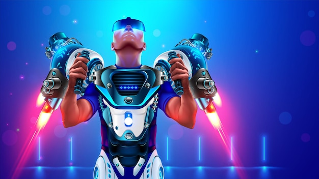 Uomo che lancia un jetpack volante Armatura robotica volante con motore a razzo su pilota maschio Illustrazione fittizie di supereroe cyborg in esoscheletro Uomo muscolare in scifi vestito di ferro volante rendering 3D