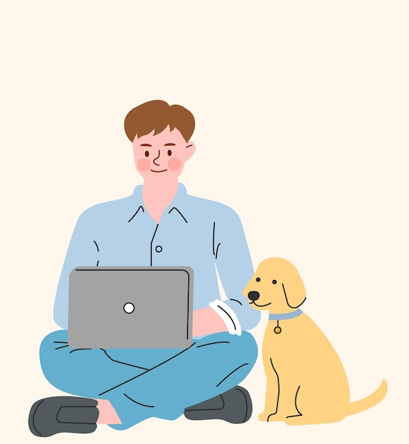 Uomo che lavora da casa con il suo cane