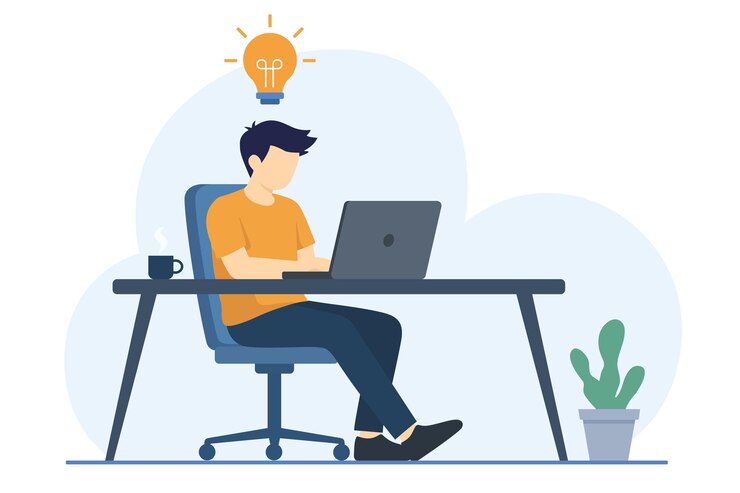 Vettore uomo che lavora su un portatile con una lampadina idea pensiero creativo e innovazione illustrazione vettoriale