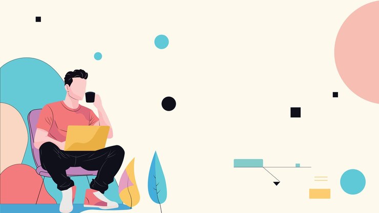 Vettore uomo che lavora sul portatile con il caffè in uno stile di illustrazione moderno