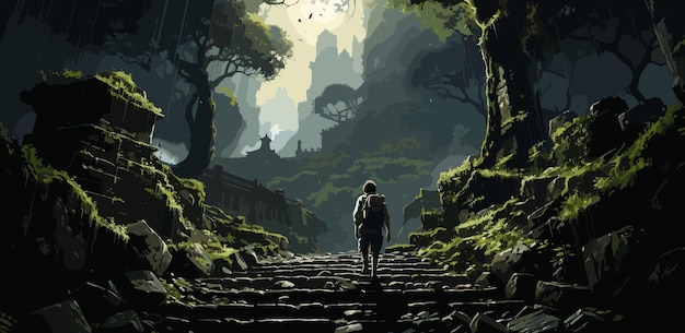 uomo che sale le scale di pietra nella misteriosa foresta pittura in stile arte digitale