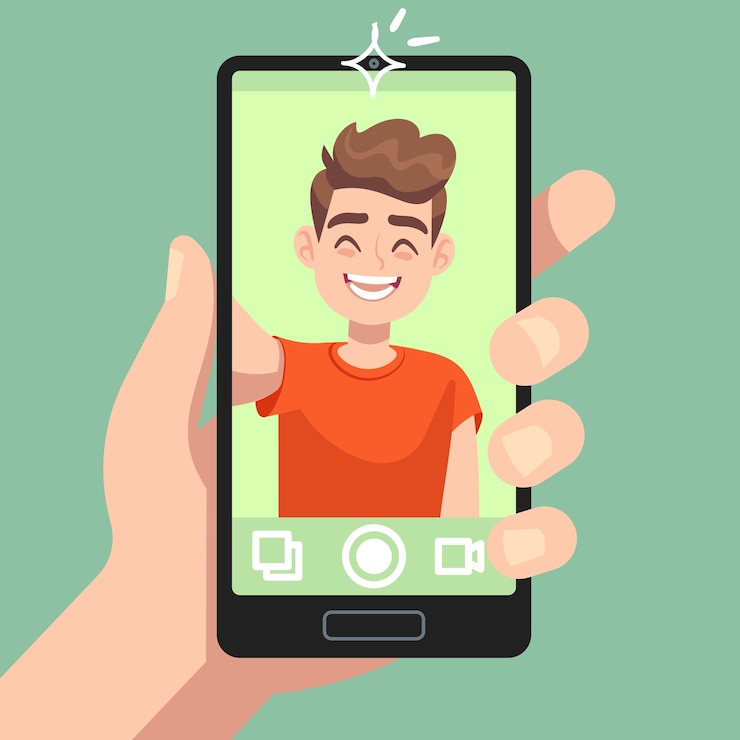 Vettore uomo che scatta foto selfie su smartphone