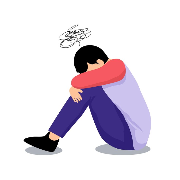 Vettore uomo che soffre di stress depresso seduto sul pavimento con pensieri complicati