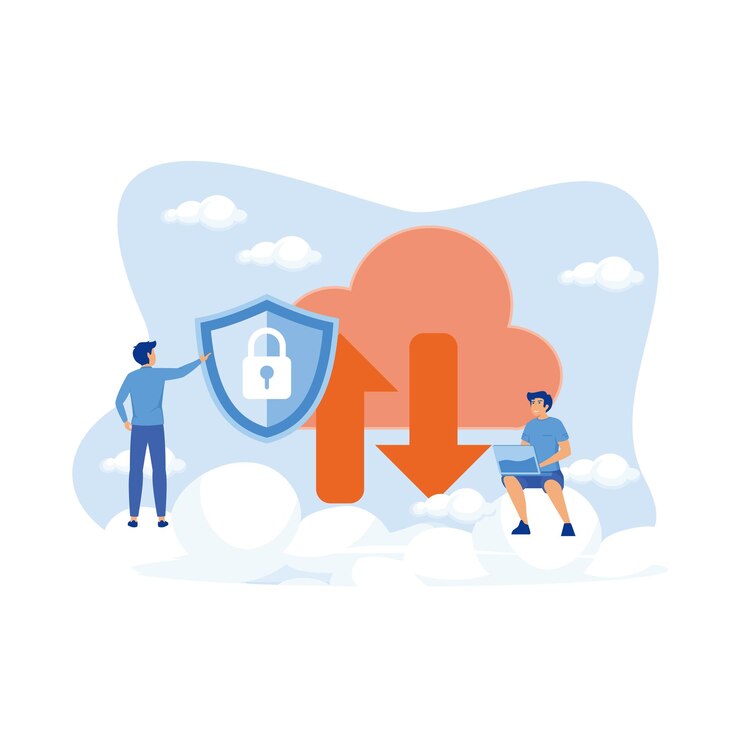 Vettore uomo che tiene lo scudo di sicurezza e lo sviluppatore utilizzando l'illustrazione moderna del vettore piatto del laptop