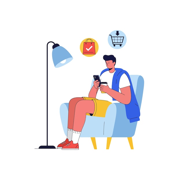 Uomo che usa il telefono per fare acquisti online mentre si rilassa a casa