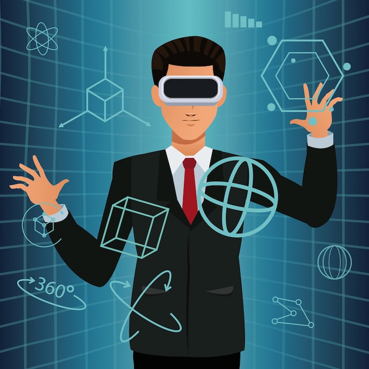 Vettore uomo che usando la tecnologia intelligente di occhiali di realtà virtuale