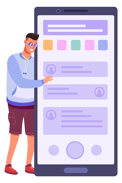 Uomo che utilizza un'app mobile o un sito Web sullo schermo dello smartphone isolato su sfondo bianco