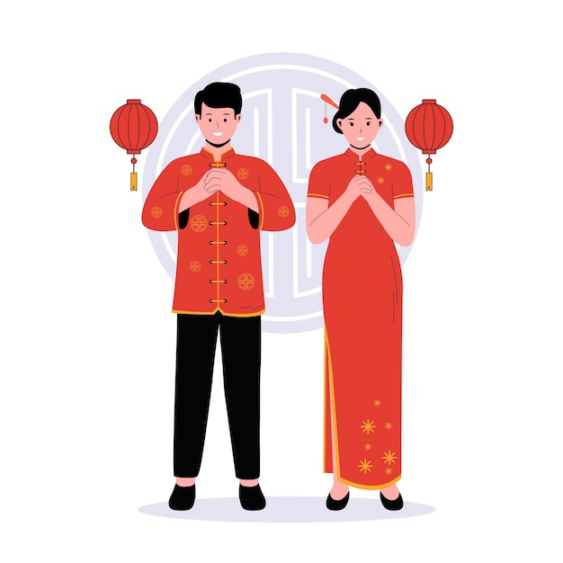 Uomo cinese e donna in abito tradizionale Cheongsam
