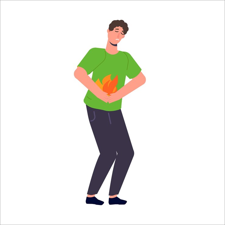 Vettore uomo con addome. bruciore di stomaco e problemi di stomaco concetto. illustrazione vettoriale.