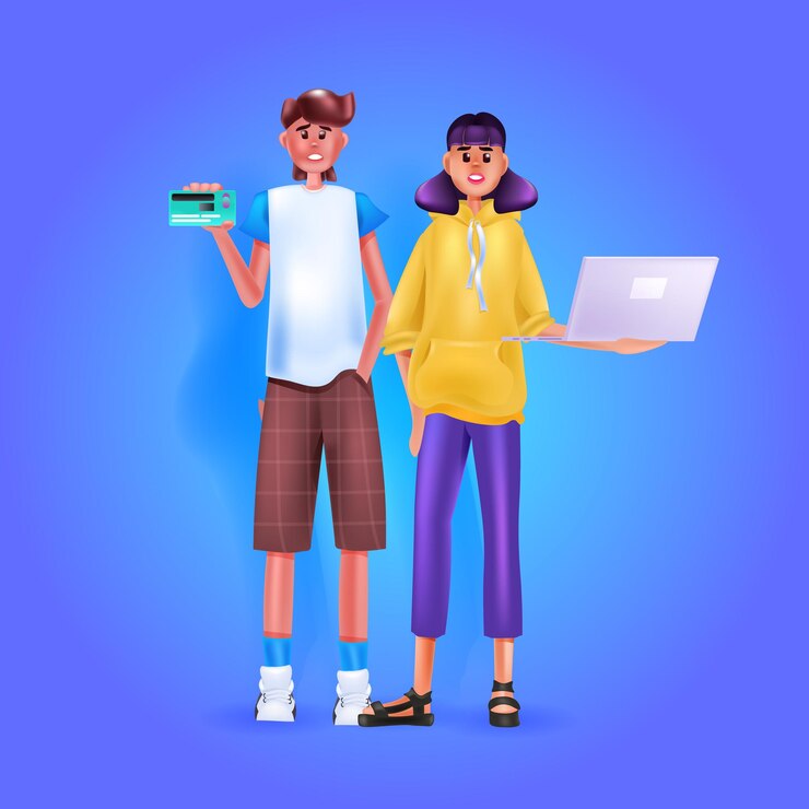 Vettore uomo con carta di credito donna che utilizza il concetto di shopping online del computer portatile a tutta lunghezza