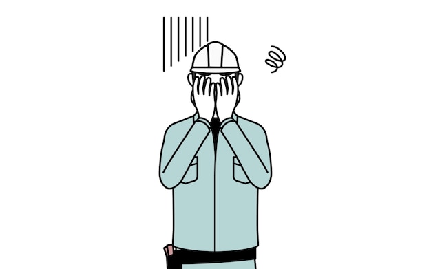 Uomo con casco e abiti da lavoro che copre la faccia in depressione