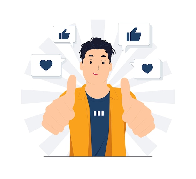 Uomo con come segno di mano feedback approvazione pubblica gioia successo felicità e pollice in alto concetto illustrazione